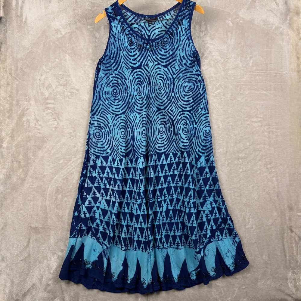 Greater Good Midi Dress Blue Batik Beaded Sleeveless Free Size India Boho Swirl